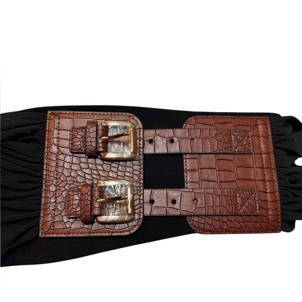 Wide Stretchy Knit Fabric Belt with Faux Leather